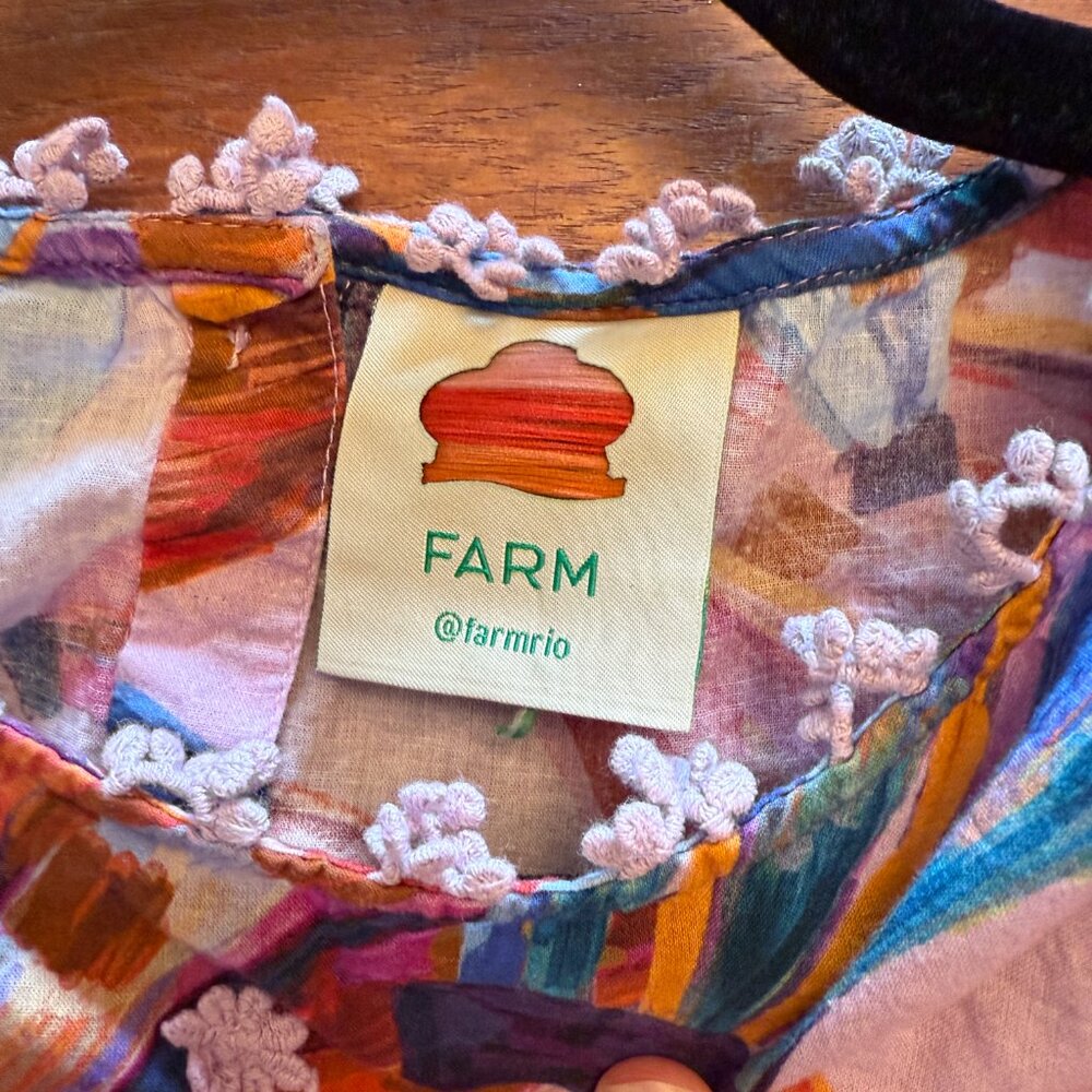 FARM Rio Pink Multicolor Puff-Sleeve Colored Bananas Print Blouse Large - Picture 6 of 11